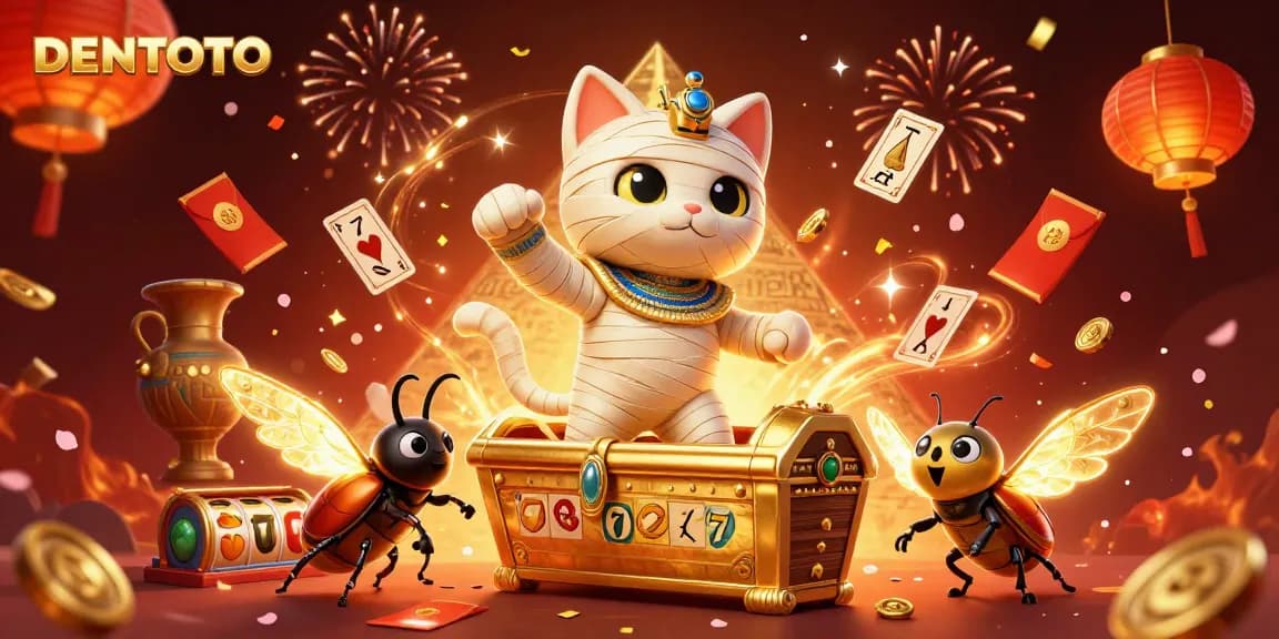 DENTOTO offers immersive casino gaming with a vibrant Egyptian-themed digital illustration full of dynamic gambling elements.