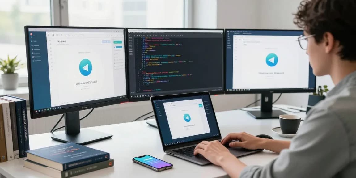 Exploring a telegram account china in a modern digital workspace, featuring a laptop setup displaying Telegram, VPN, and related resources.