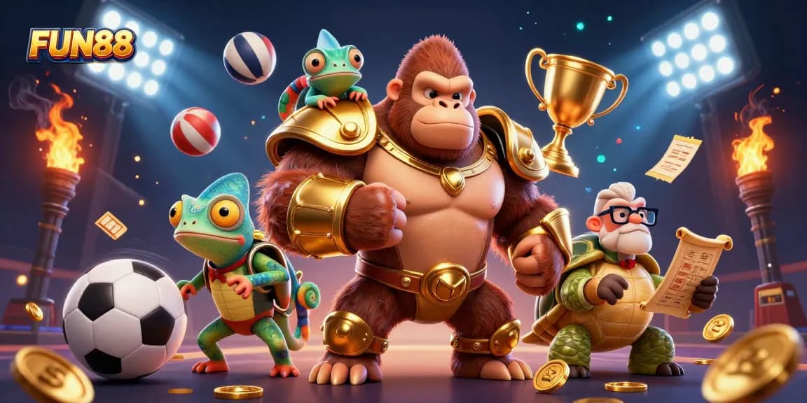 Experience FUN88's thrilling gameplay with vibrant characters and dynamic sports elements amid a dazzling casino atmosphere.