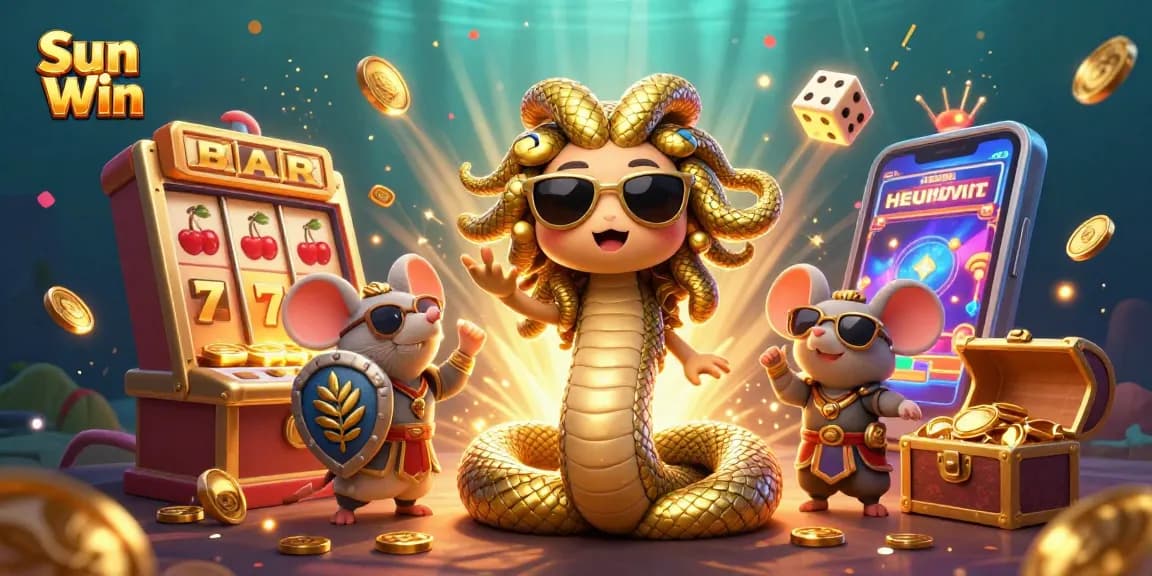 Join the excitement at Sun Win with a festive 3D casino illustration featuring games and winning symbols.