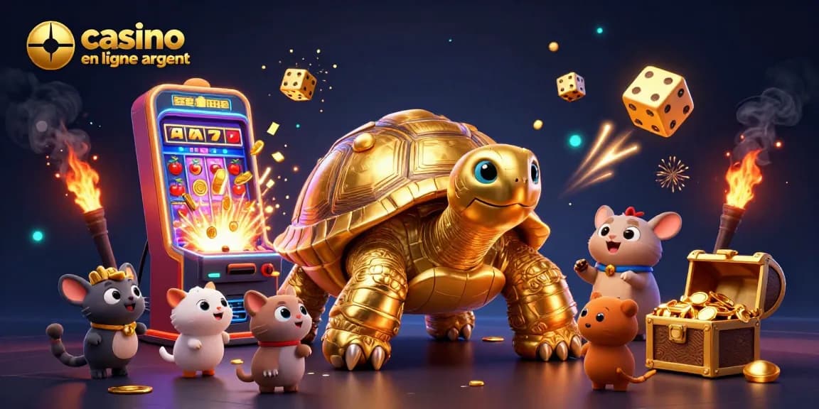 Jouer au casino en ligne argent réel avec des scènes de machines à sous et une tortue géante animée.
