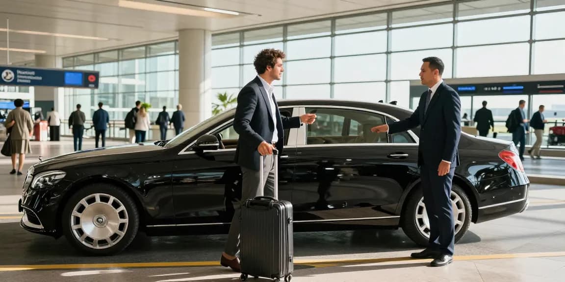 Luxury airport drop off Dubai: a professional chauffeur assists a traveler at the sleek Dubai International Airport.