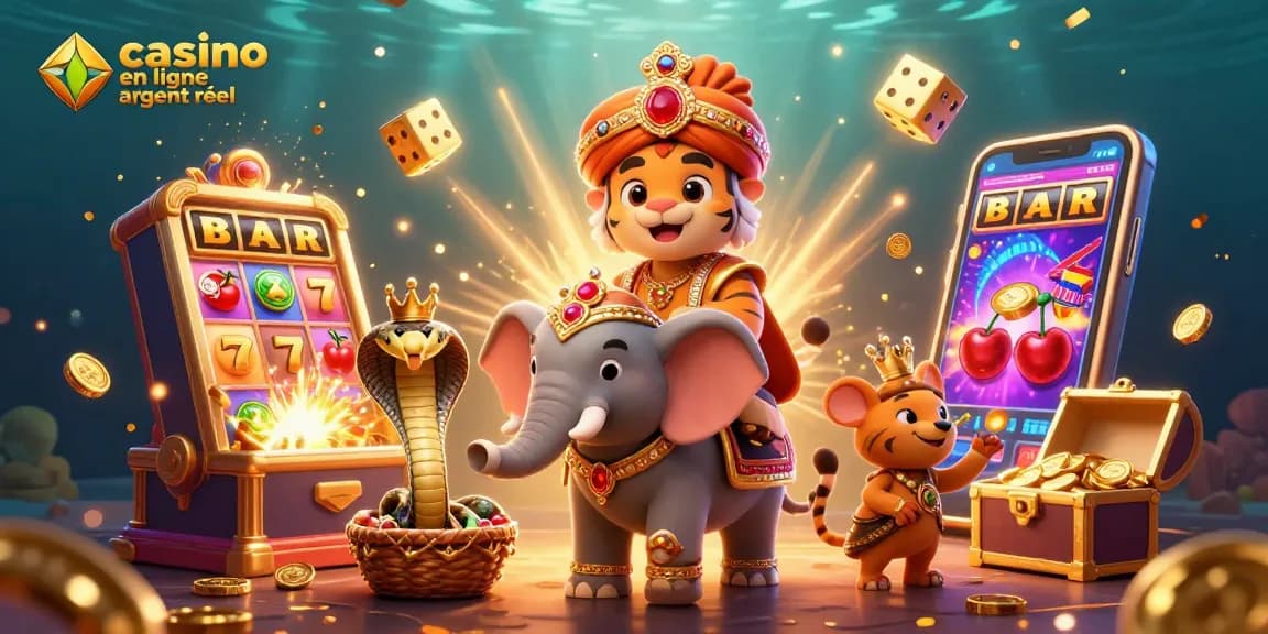 Profitez de l'excitation du casino en ligne argent réel avec un tigre Maharaja et des symboles de machine à sous.