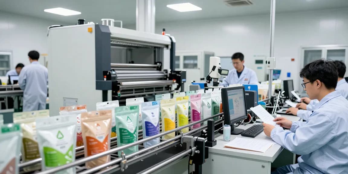 Recyclable stand up pouches produced in a modern manufacturing facility, showcasing eco-friendly technology and quality control.