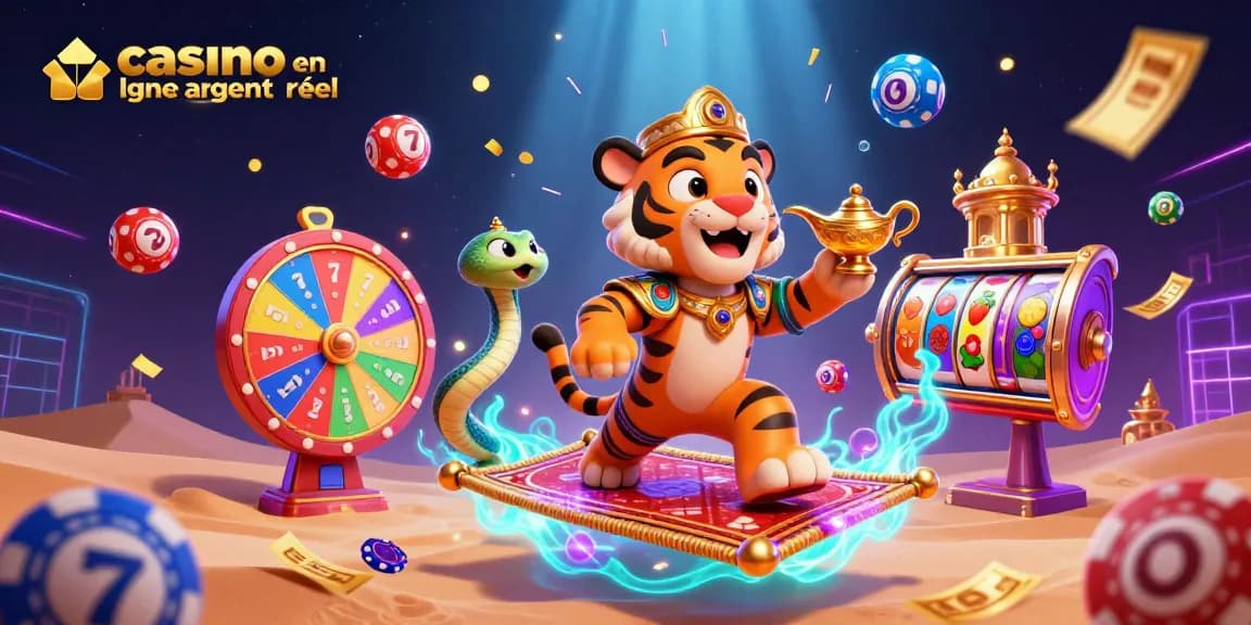 Visualisez un fascinant sultan tigre du casino en ligne argent réel sur un tapis volant entouré d'éléments de jeu colorés.