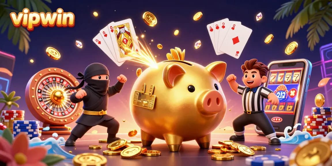 Engage with vipwin's dynamic gaming experience, featuring extravagant characters and vibrant casino elements.