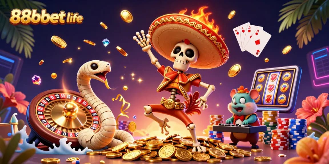 Experience exciting gaming with vibrant characters celebrating 88bbet life amidst dazzling casino elements.