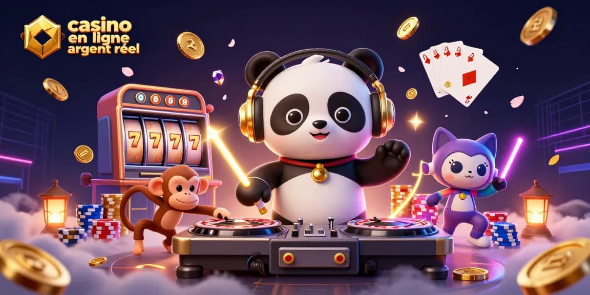Illustration dynamique de casino en ligne argent réel avec un panda DJ et des pièces d'or.