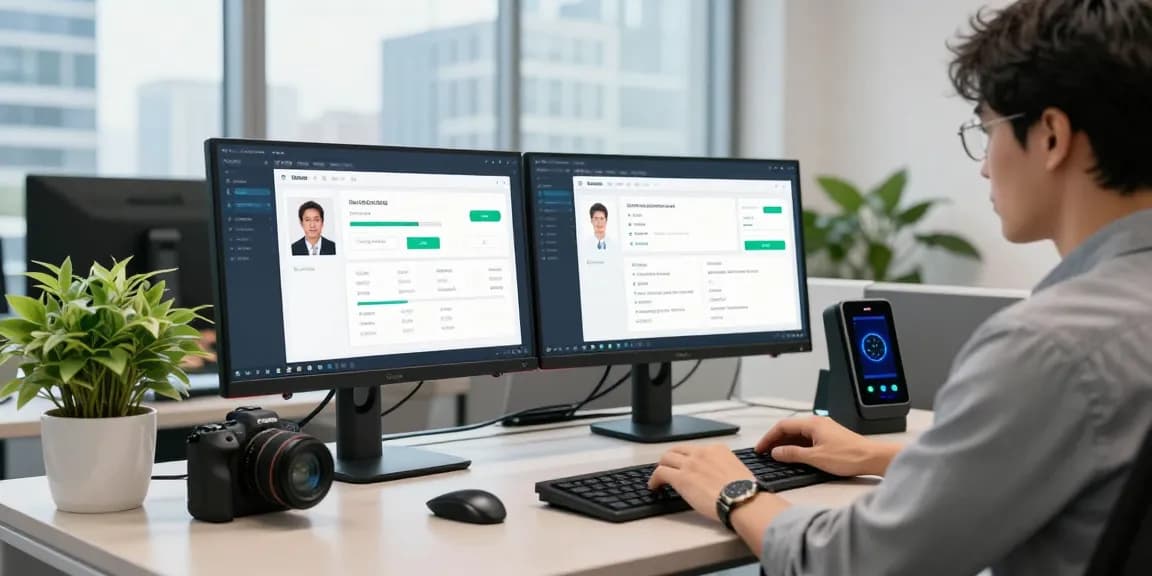 IT specialist analyzing age verification system data on dual monitors in a professional office setting.