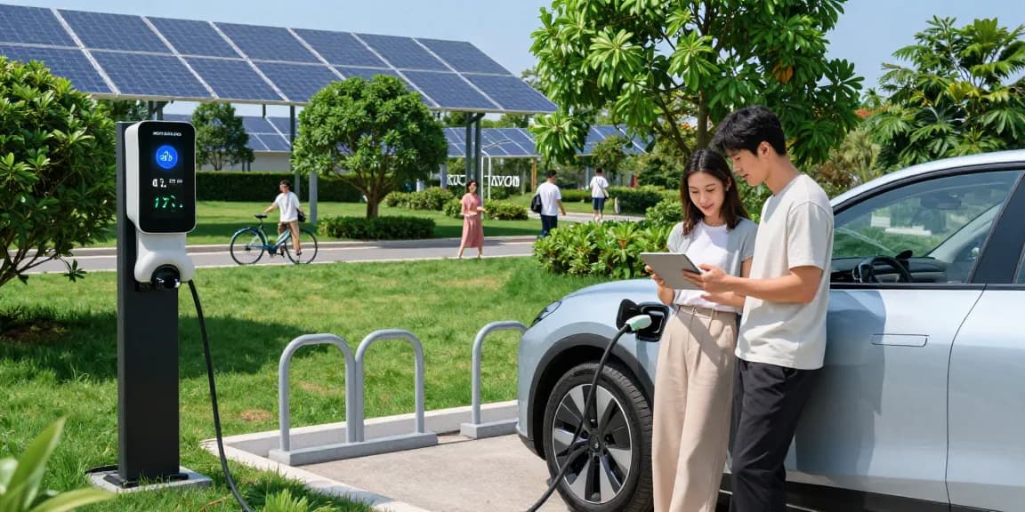 EV technology prominently featured in an electric vehicle charging station surrounded by greenery and solar panels.