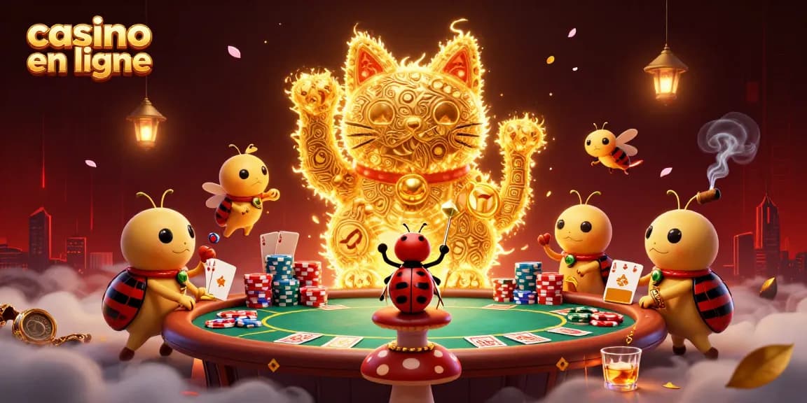 Casino en ligne avec un chat porte-bonheur fait de lucioles et des éléments de poker.