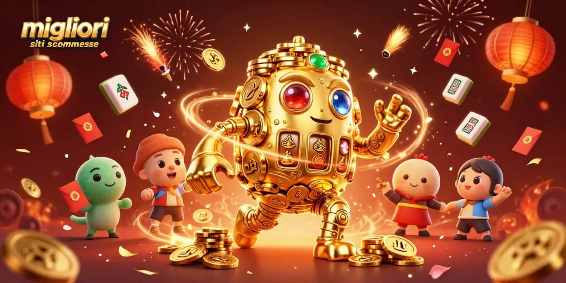 Scopri i migliori siti scommesse con simboli d'azzardo e un golem d'oro in un'illustrazione vibrante.