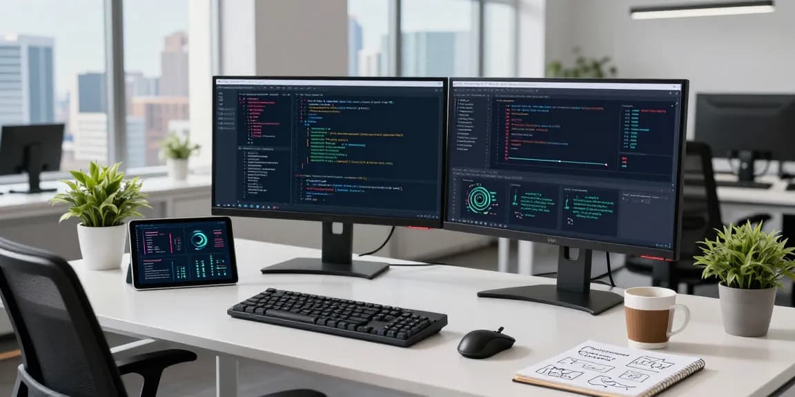 QuickQ 软件工程师在现代工作空间中优化 VPN 应用，配备多个显示器和编码可视化。