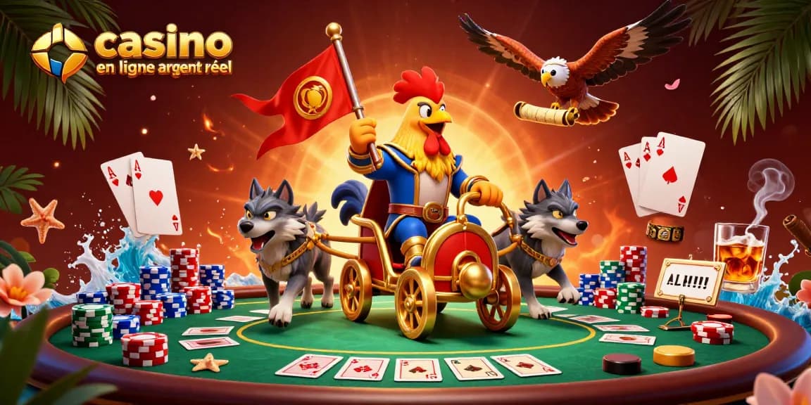 Gagnez en jouant au casino en ligne argent réel, avec une illustration dynamique de personnages et éléments de jeu.