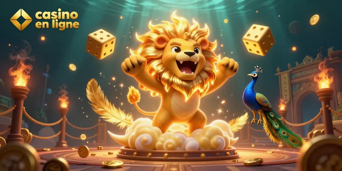 Expérimentez la magie du casino en ligne avec le lion solaire et des dés dorés dans cette illustration captivante.