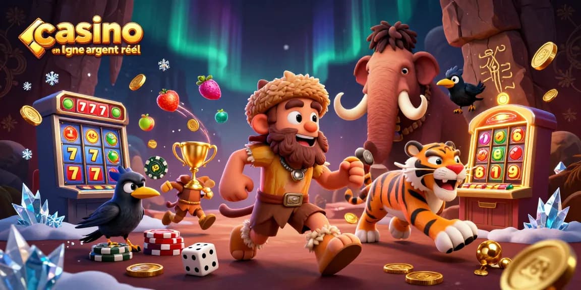 Un jeu palpitant dans un casino en ligne argent réel avec un homme des cavernes et un tigre à dents de sabre.