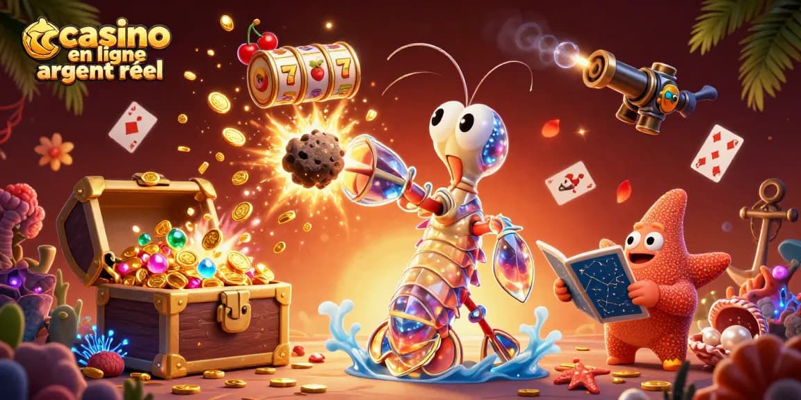 Plongez dans l'univers du casino en ligne argent réel avec cette illustration dynamique de samouraï sous-marin et trésors.