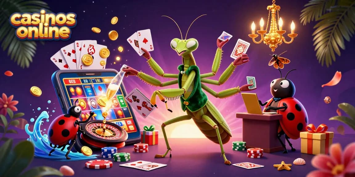 Retrato lleno de acción de casinos online con mantis y luciérnaga dirigiendo el juego.