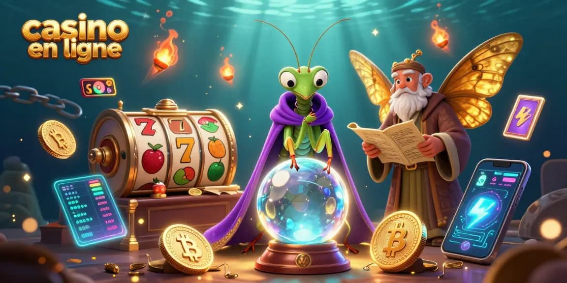Jouez au casino en ligne avec une illustration animée captivante intégrant des éléments de jeux et de crypto-monnaies.