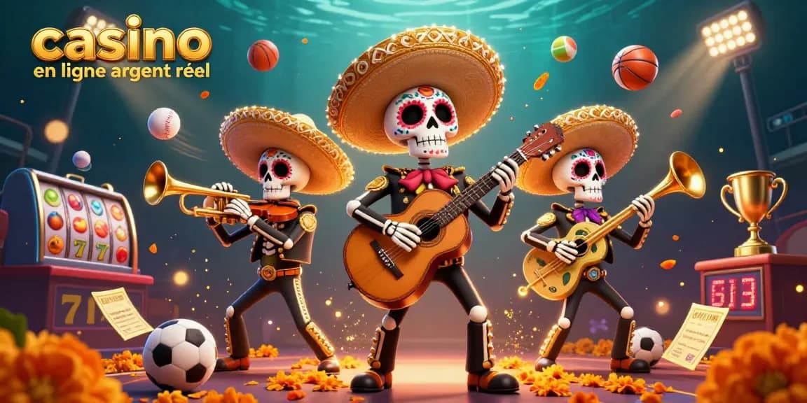 Profitez de l'expérience immersive du casino en ligne argent réel avec une scène colorée de mariachis et des éléments de jeu dynamiques.