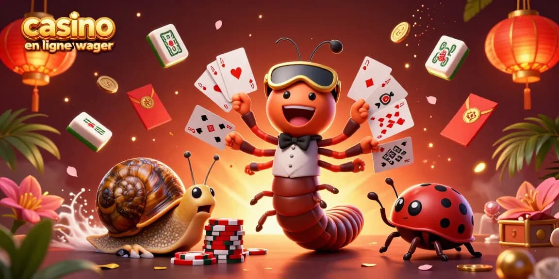 Gagnez au casino en ligne sans wager avec un croupier cartoon unique entouré de joyaux, jetons et lanternes.