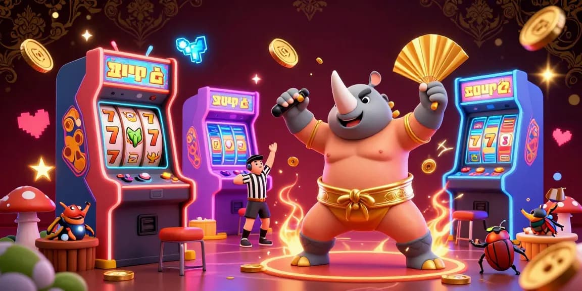 Découvrez le champion sumo rhinocéros dans une illustration de casino en ligne, avec des machines à sous brillantes.