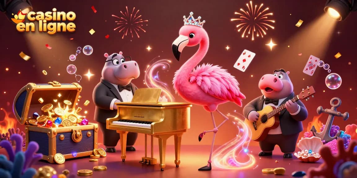 Jouez au casino en ligne avec l'illustration dynamique d'un casino virtuel coloré.