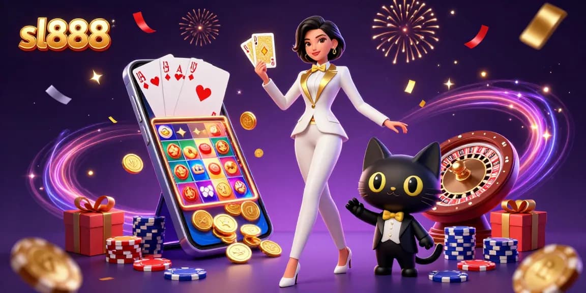 Experience the excitement of sl888 with a glamorous woman and a tuxedo cat amidst vibrant casino elements.