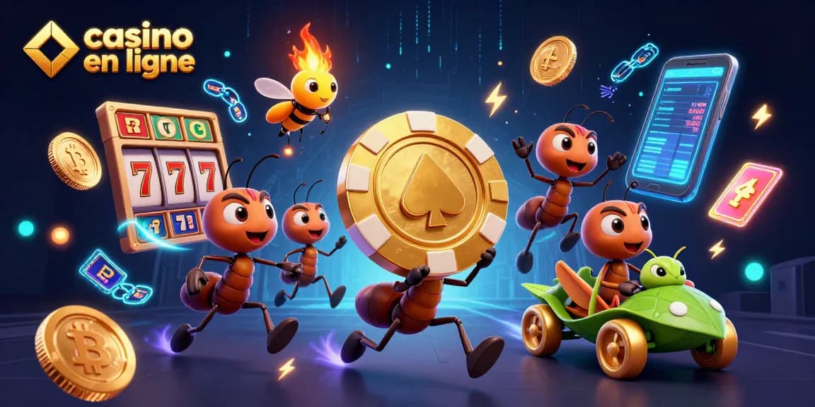 Actionner des jeux de casino en ligne avec des fourmis 3D et des symboles de jackpot.