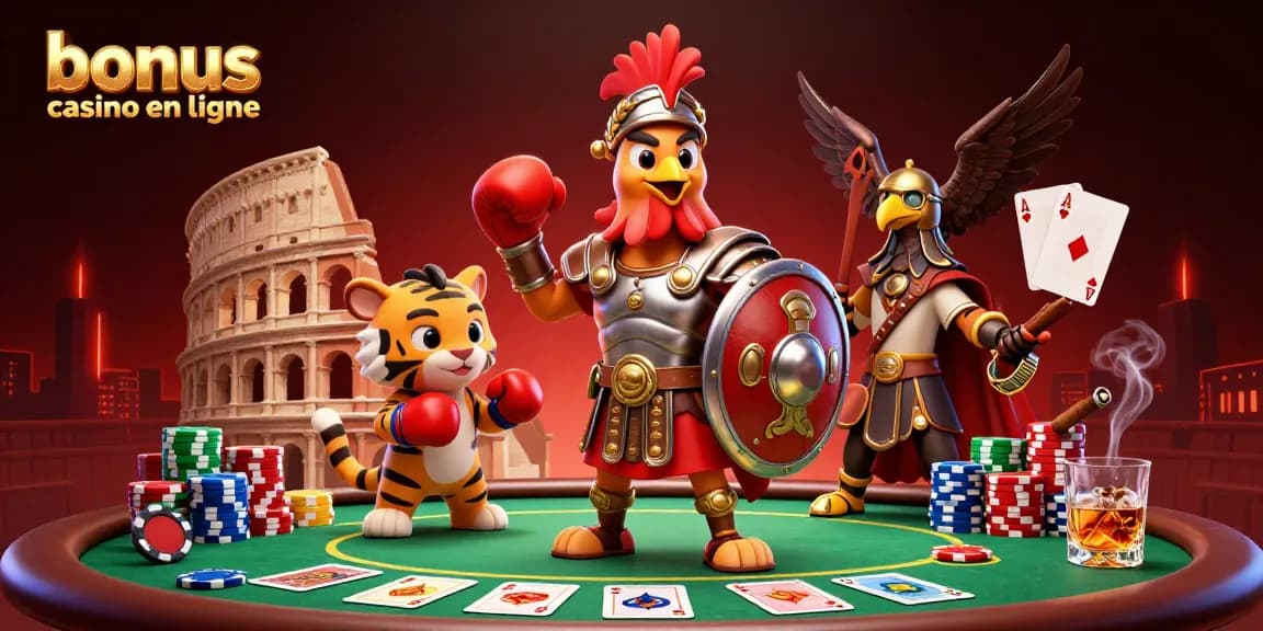 Illustration d'une scène de poker vibrant mettant en avant le bonus casino en ligne avec un coq gladiateur, un tigre et des éléments de jeu.
