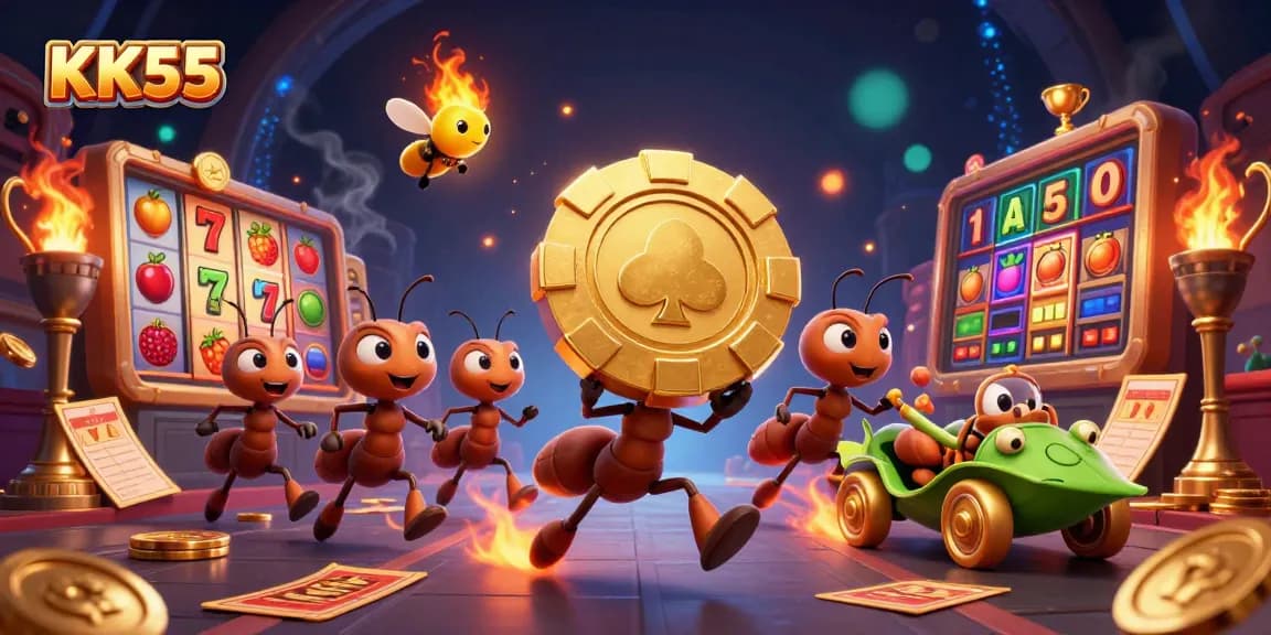 KK55 team of ants runs a casino heist with a giant poker chip, showcasing exciting gambling elements.