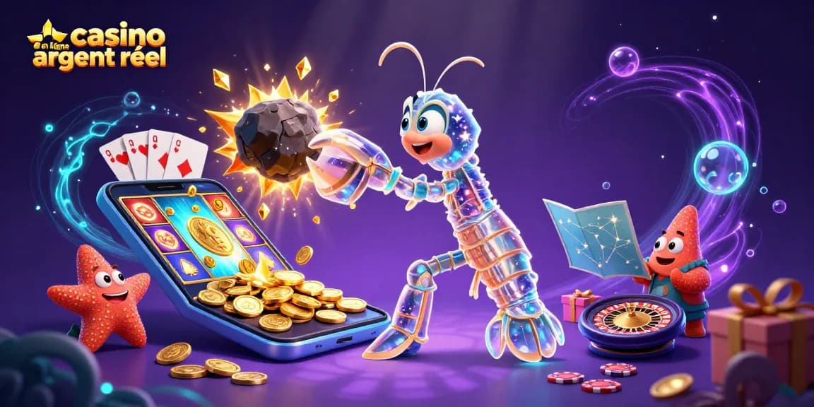 Gagnez avec casino en ligne argent réel, illustrant des jeux de machine à sous dynamiques et des récompenses en pièces d'or.