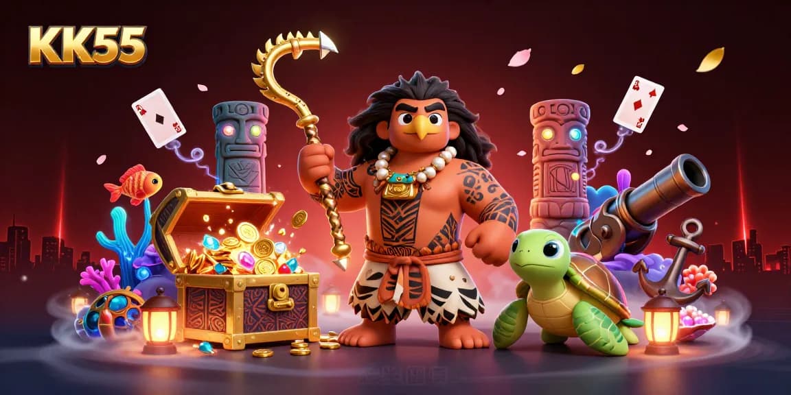KK55 offers an exciting gambling atmosphere with treasure chests and vibrant casino elements.