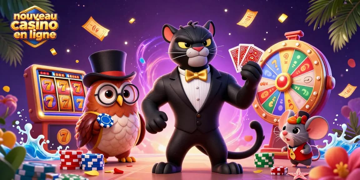 Positionnez-vous sur un nouveau casino en ligne excitant avec la panthère en costume et l'hibou, jouant aux cartes entre les billets et les éléments de jackpot.