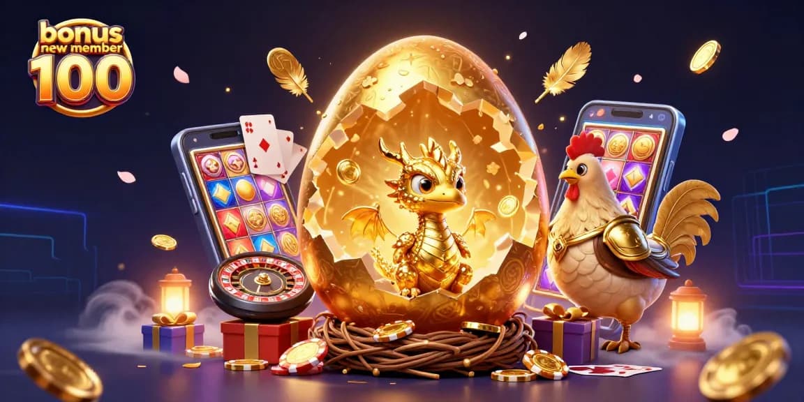 Experience the bonus new member 100 with an exciting illustration featuring a golden dragon and poker chips.