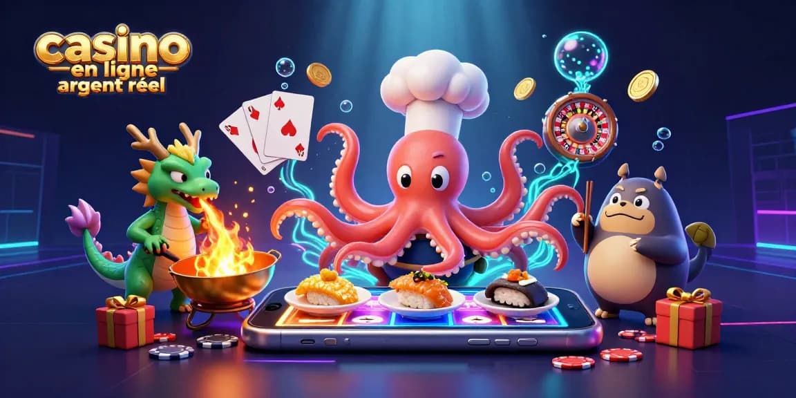 Des jeux captivants avec le casino en ligne argent réel s'illuminent dans une scène animée.