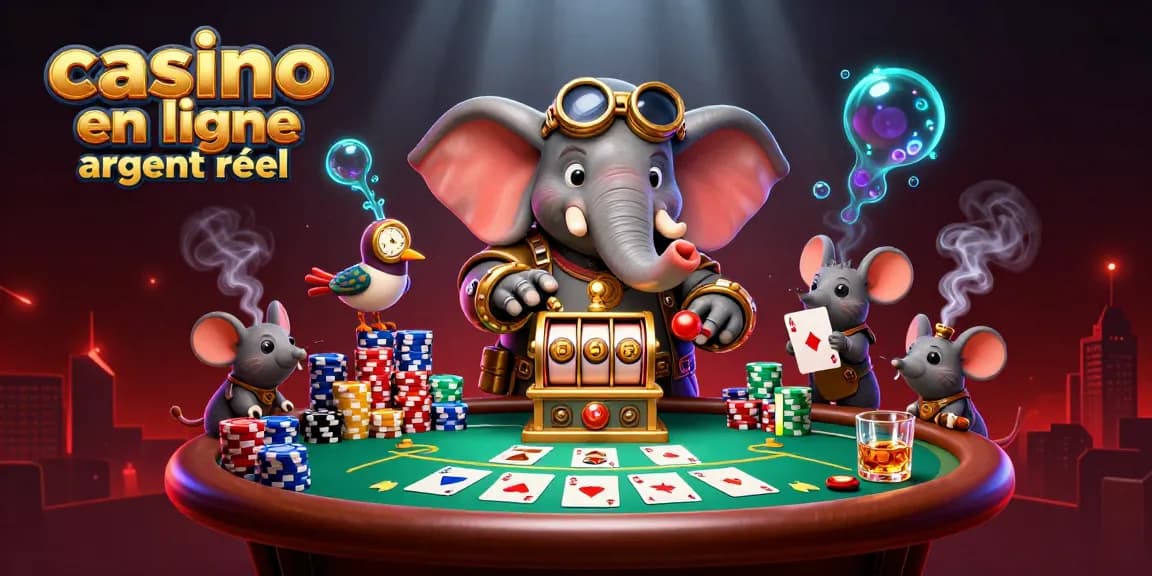 Illustration d'un casino en ligne argent réel avec un éléphant steampunk, des jeux de cartes et des jetons colorés.