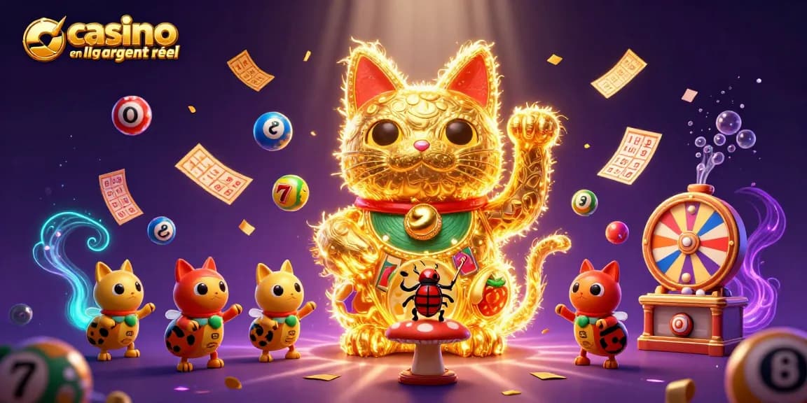 Visualisez l'expérience de casino en ligne argent réel avec un chat porte-bonheur animé et des éléments de jeu dynamiques.