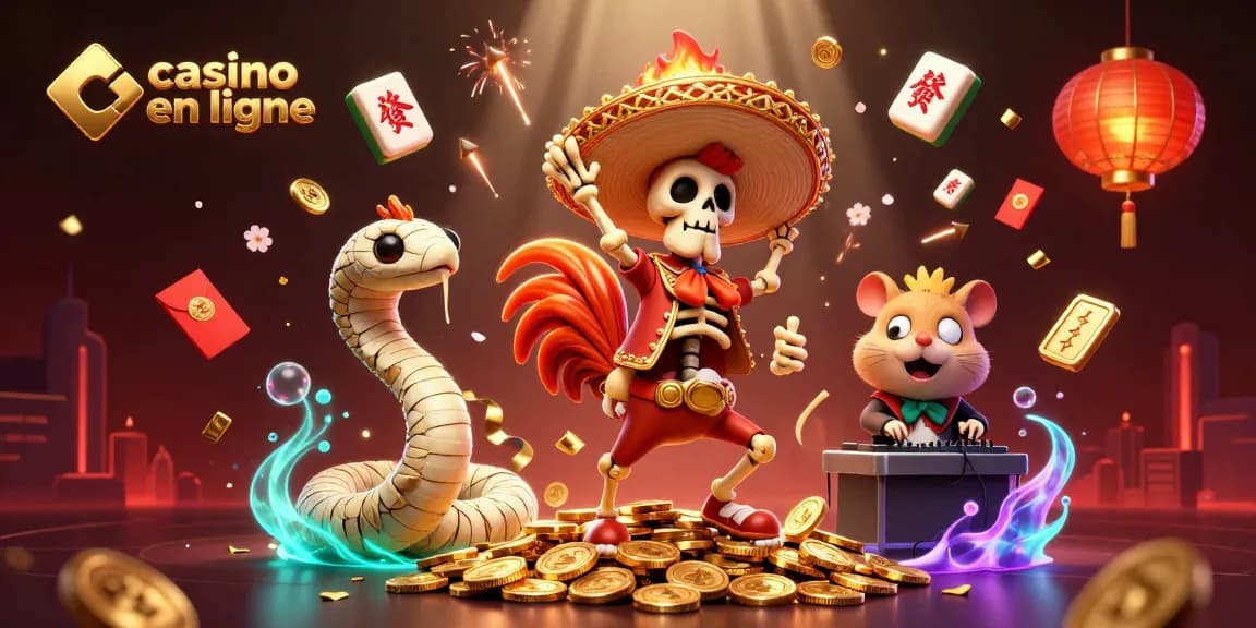 Plongez dans le monde du casino en ligne avec une scène vibrante et festive remplie d'éléments de jeu fascinants.