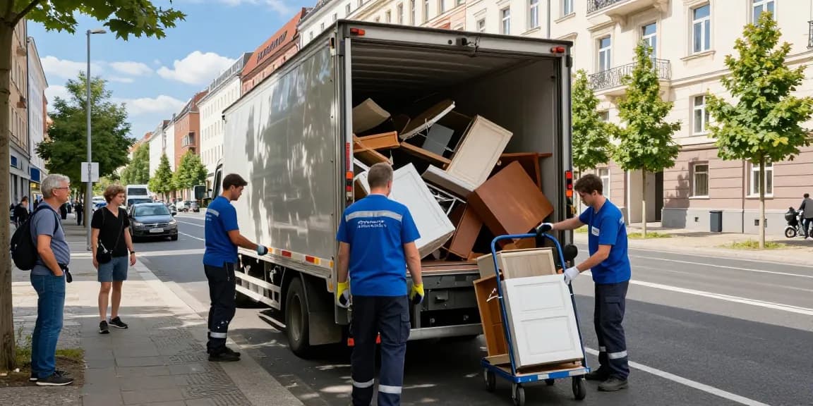 Sperrmüllabholung 80 Euro Berlin - Efficient waste disposal team loading furniture onto a truck in urban Berlin.