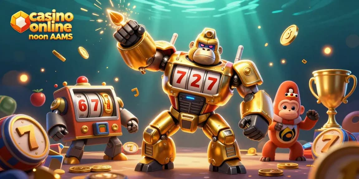 Il mech gorilla dorato, simboli di slot e trofei in un'illustrazione dinamica di casino online non AAMS.