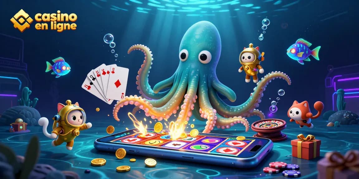 Vivez l'excitation du casino en ligne avec un kraken, un chat plongeur, et des éléments de jeu vibrants.