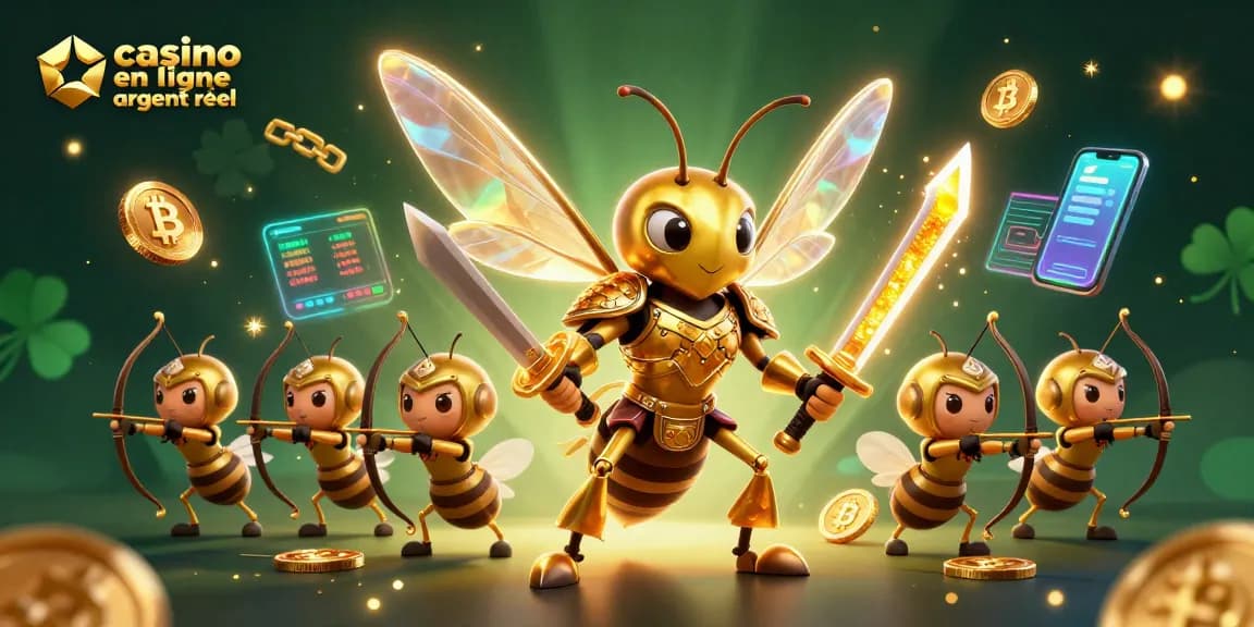 Visualisez un casino en ligne argent réel avec des personnages animés et des éléments cryptographiques en 3D.
