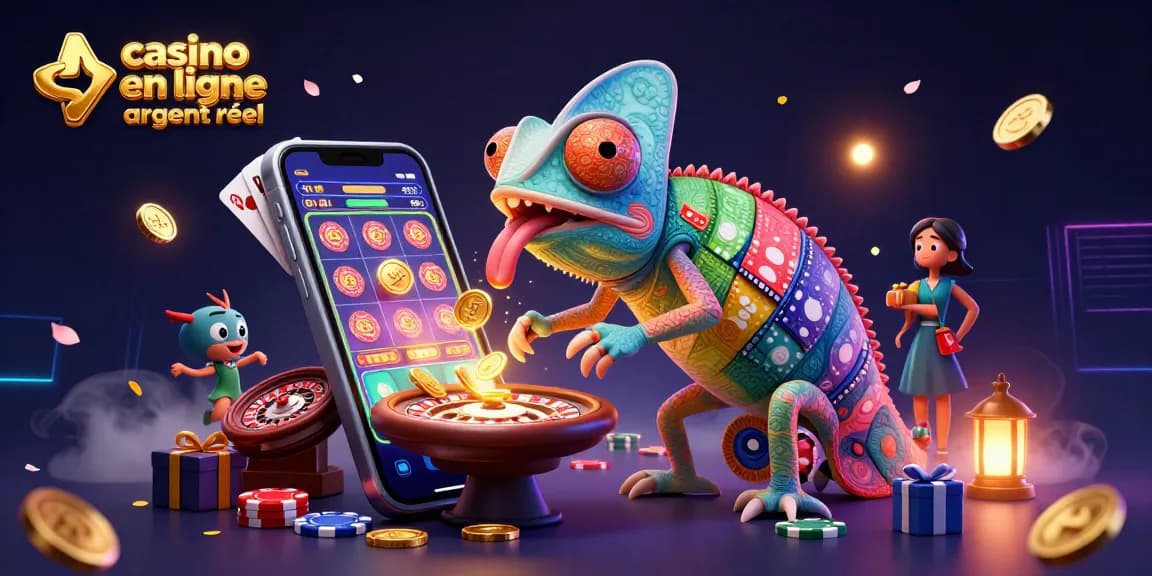 Découvrez le caméléon propriétaire du casino en ligne argent réel captivant avec des jeux vibrants et des jetons autour.