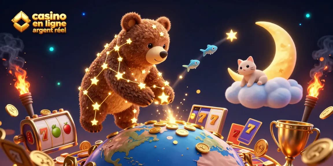 Découvrez l'univers des gains avec casino en ligne argent réel, illustré par un ours constellation et des éléments de jeu captivants.