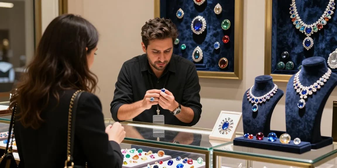 Shopping experience at https://www.mygemspot.com with diverse gemstones in an elegant marketplace setting.