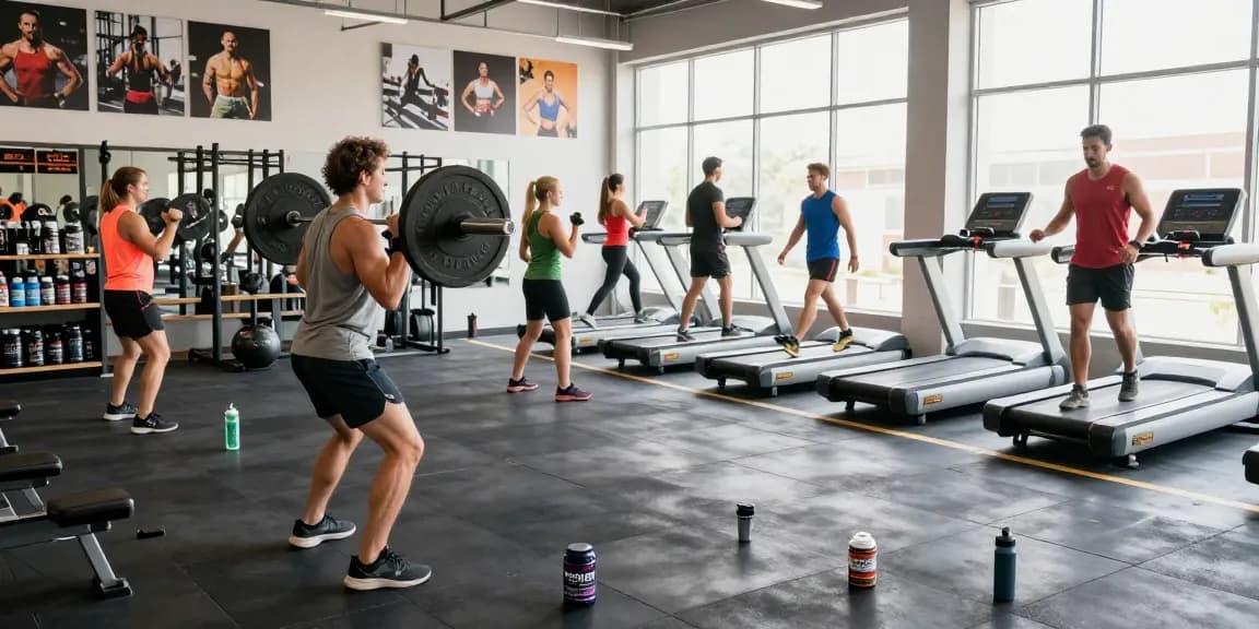 Driada Shop performance supplements showcased in an active gym environment, with athletes engaged in workouts.