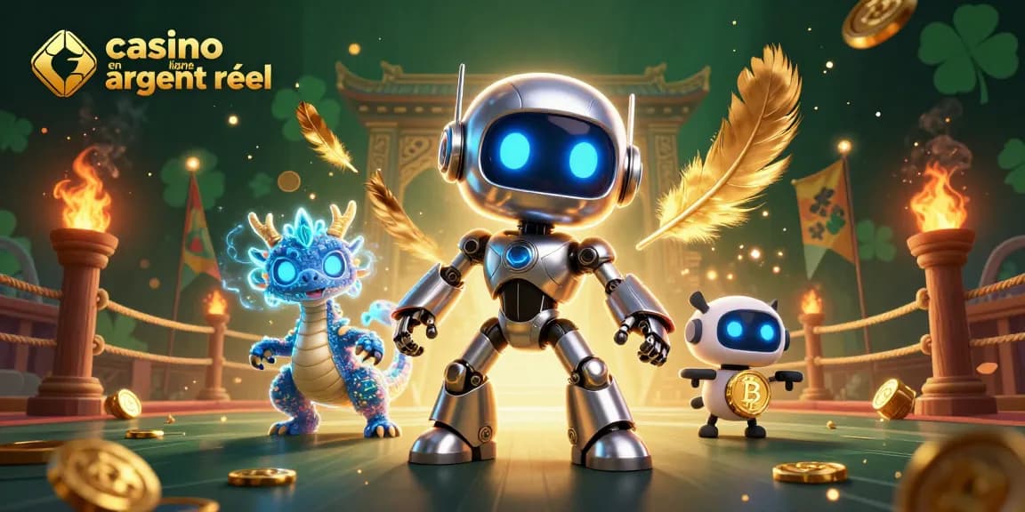 Visualisez le dynamisme du casino en ligne argent réel avec un robot futuriste et un dragon holographique.