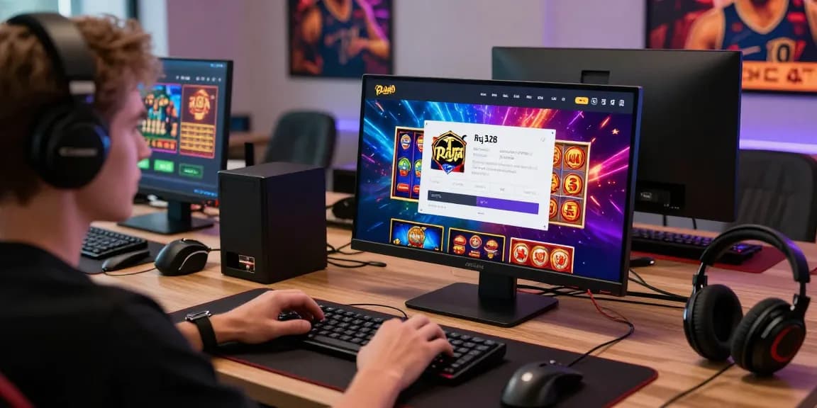 Online gambling setup showcasing raja 328 daftar with engaging game graphics and vibrant workspace elements.
