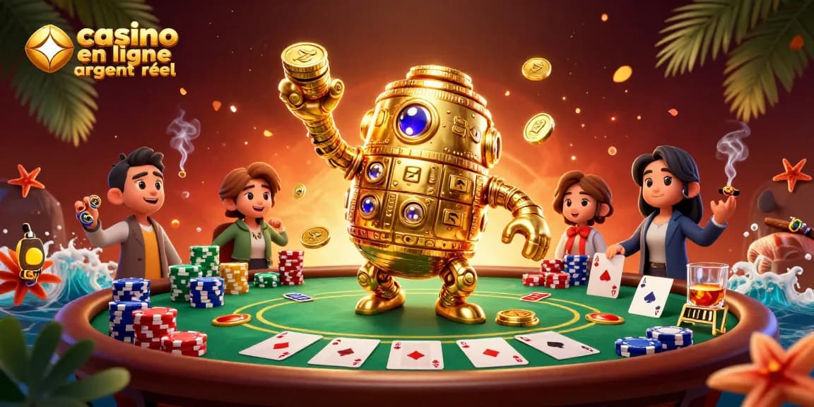 Jouez à un casino en ligne argent réel avec un golem doré et des éléments de poker dynamiques.